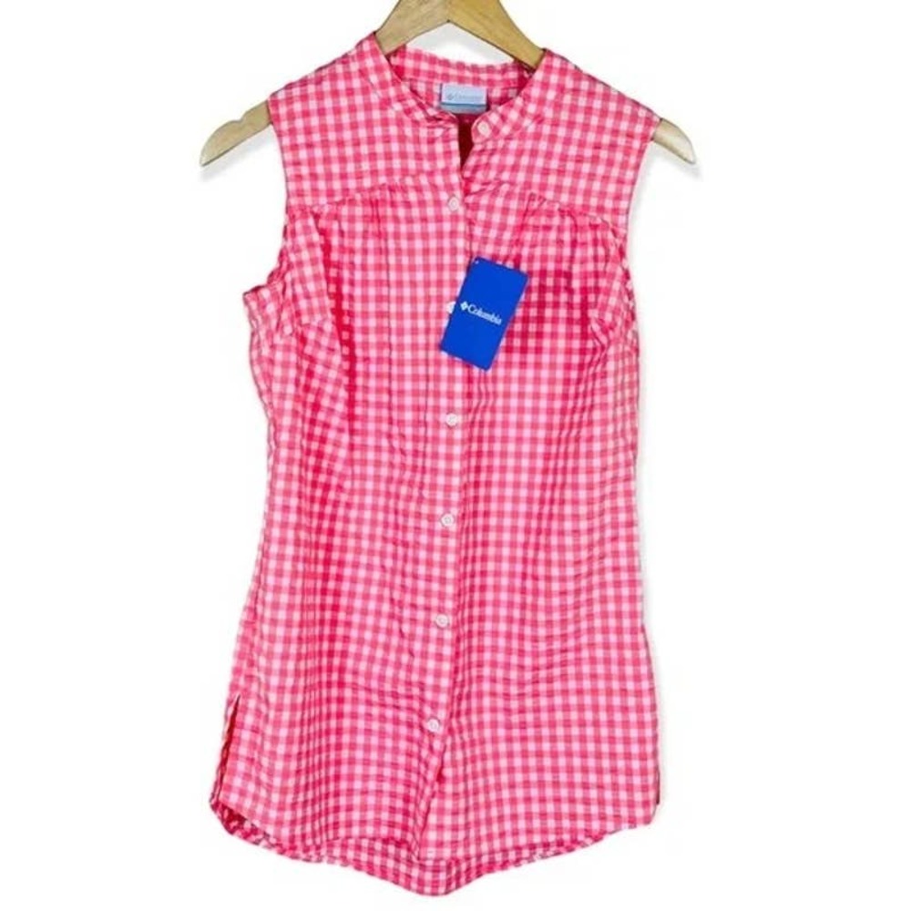 COLUMBIA Gingham Sleeveless Picnic Coral Pink Tunic Top XS Sleeveless Button